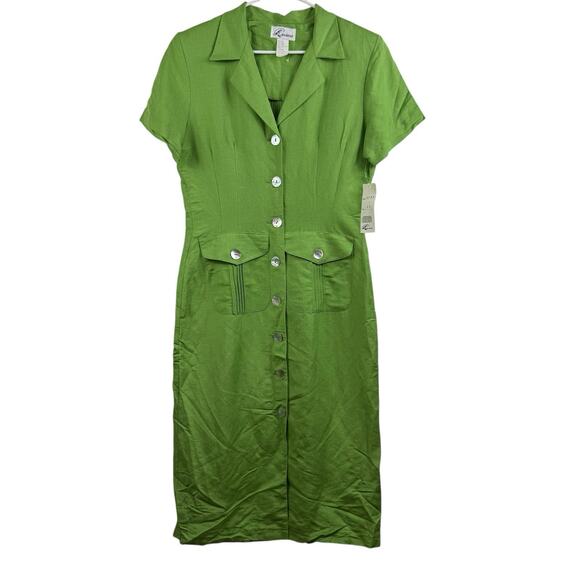 Vintage 90s New Deadstock Linane Green Linen Blend Dress Size 10 Full Button - Picture 1 of 16